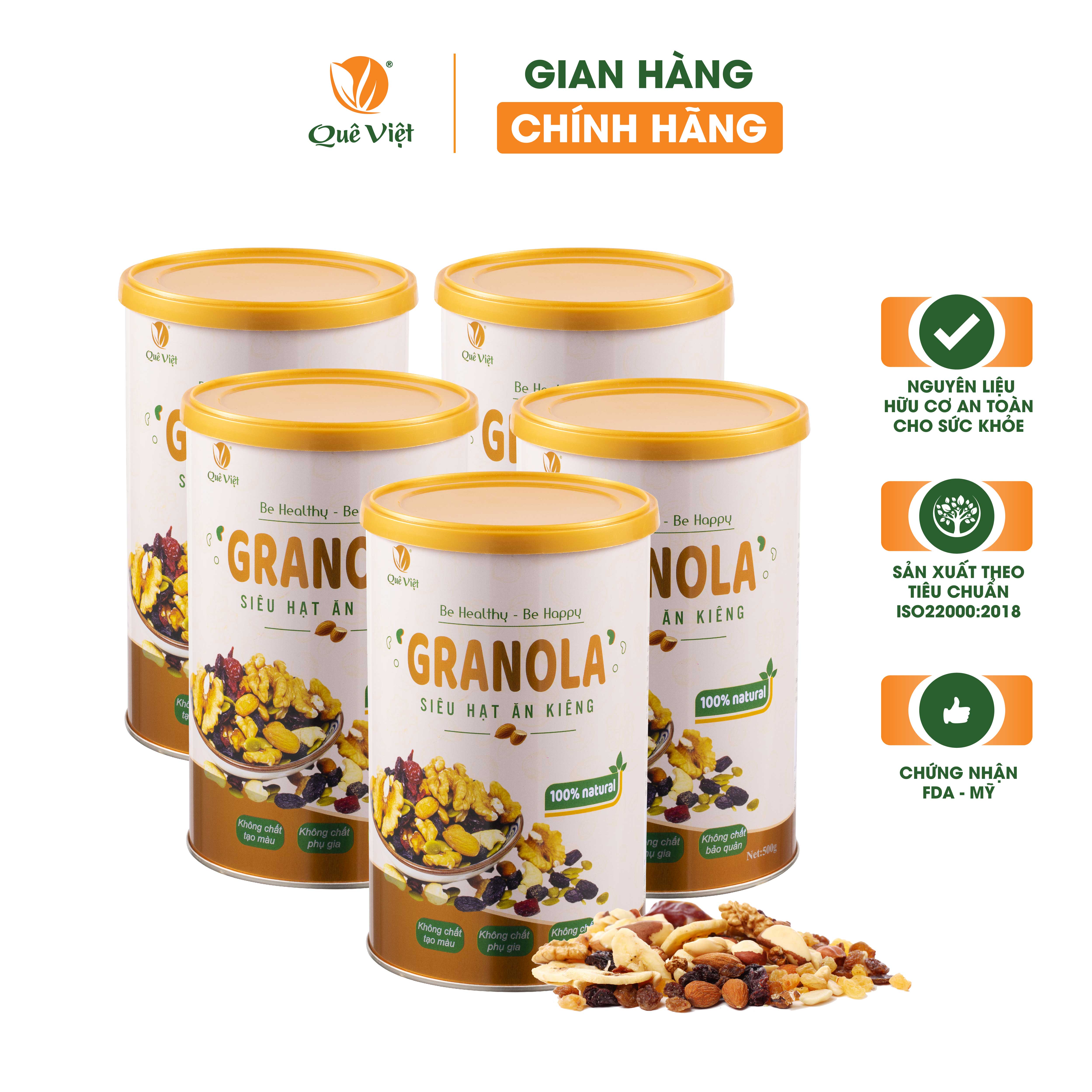 Granola siêu hạt ngũ cốc ăn kiêng Quê Việt, nguyên liệu hữu cơ - combo 5 hộp x 500g/hộp