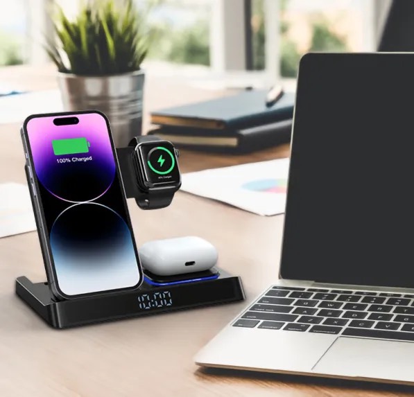 DOCK SẠC KHÔNG DÂY WIWU 5 IN 1 WIRELESS CHARGER WI-W006 CHO ĐIỆN THOẠI, TAI NGHE, ĐỒNG HỒ CÓ ĐỒNG HỒ &amp; BÁO THỨC, CÓ ĐÈN SÁNG - HÀNG CHÍNH HÃNG