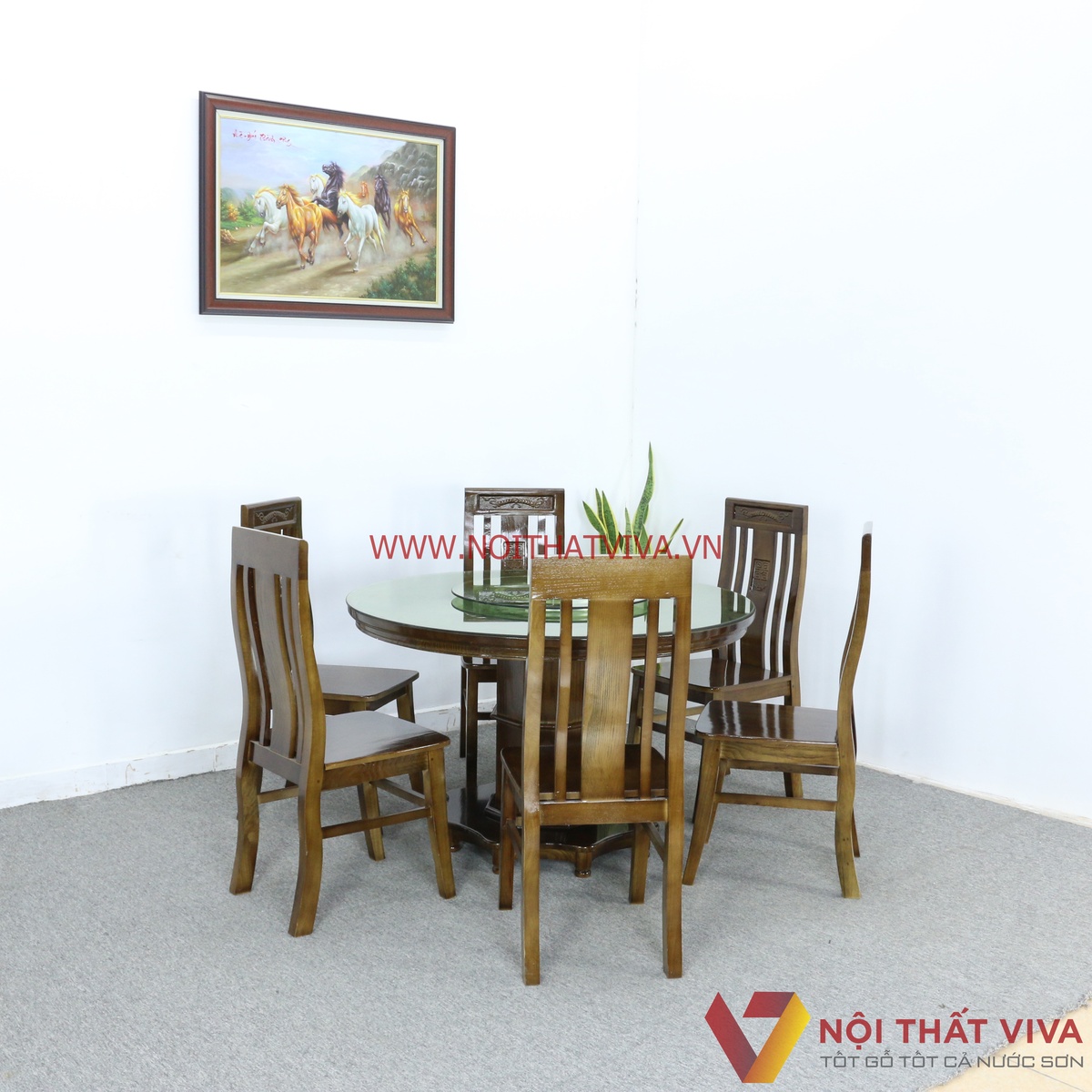 Bộ Bàn Ăn Tròn Mâm Xoay Kính Gỗ Sồi 8 Ghế Màu Óc Chó Đẹp Giá Rẻ