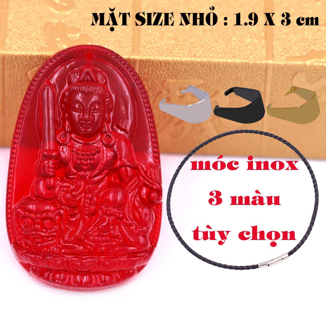 Mặt Phật Văn thù pha lê đỏ 1.9cm x 3cm  kèm vòng cổ dây da đen + móc inox vàng, Phật bản mệnh, mặt dây chuyền