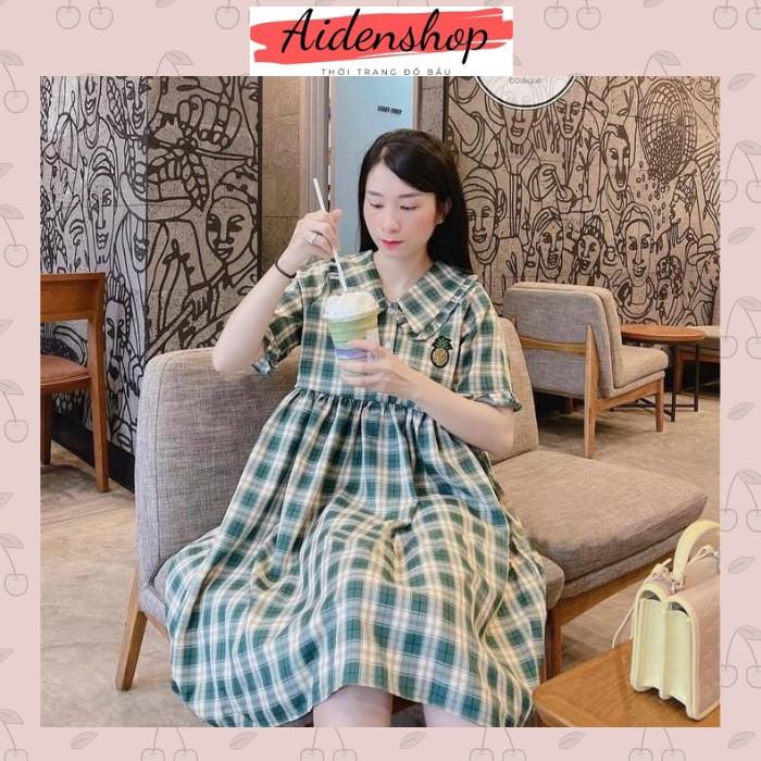 Váy bầu xinh dáng babydoll thời trang kẻ sọc caro màu xanh váy quả dứa mùa hè