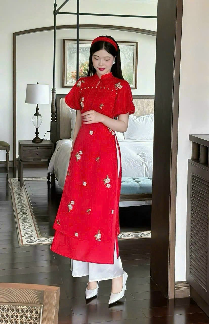 ÁO DÀI THÊU HOA VOAN VÀ QUẦN DÀI TRẮNG