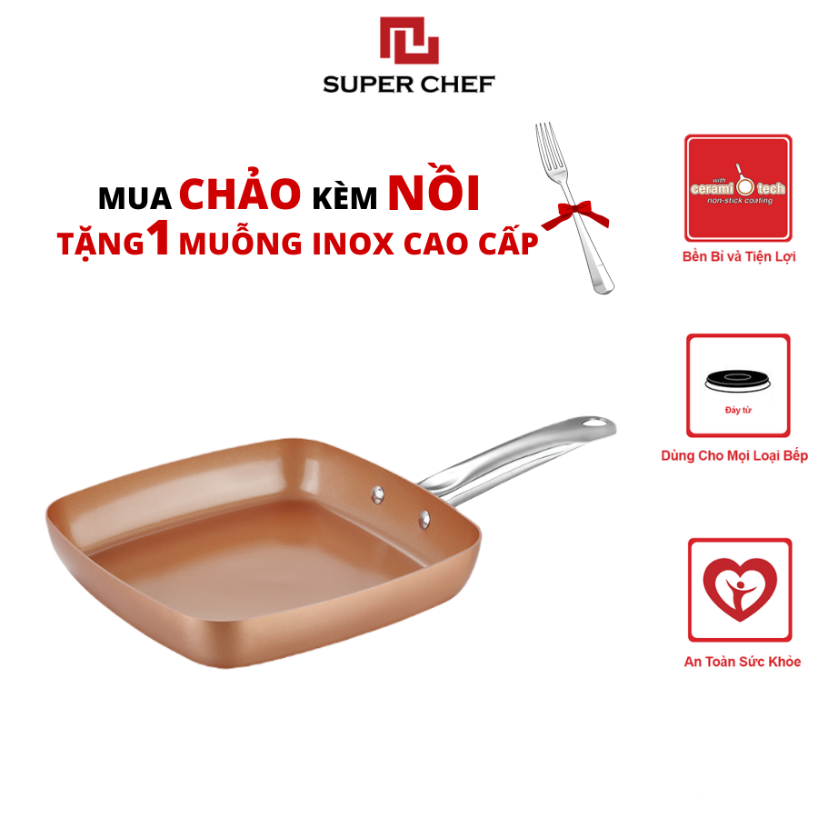 Chảo Chống Dính Vuông Super Chef Ceramic Gốm Đảm Bảo An Toàn Sức Khỏe, Không Bong Tróc, Giảm Trầy Xước, Hạn Chế Dầu Mỡ, Siêu Bền Bỉ, Sang Trọng Bắt Mắt và Tiện Lợi ( size từ 20cm -24cm)