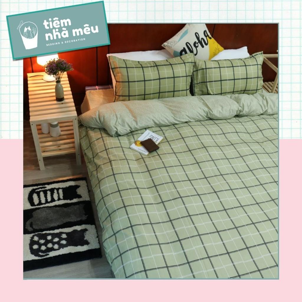 Bộ Chăn Ga Gối Cotton 3D m6/m8/2m - Full size Tiệm Nhà Mêu 2 Vỏ gối ,drap , vỏ chăn Cotton Caro Xanh Cốm