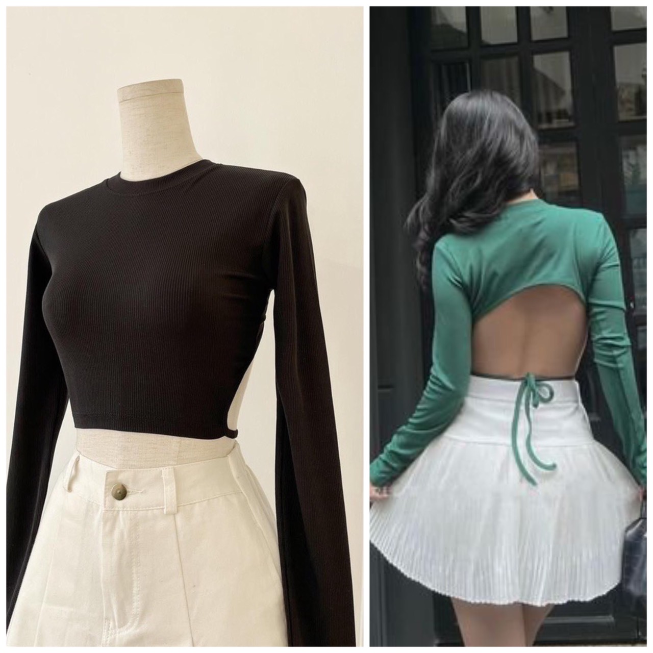 Set Áo thun croptop tay dài hở lưng quyến rũ cột nơ sau phối quần váy năng động (shop có bán lẻ áo/quần)