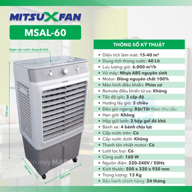 [SIÊU TỐC 2H] Quạt Hơi Nước Cao Cấp MITSUXFAN MSAL-60 Inverter Diện Tích 15-40m², 40 Lít, Công Nghệ Nhật Bản - Hàng Chính Hãng