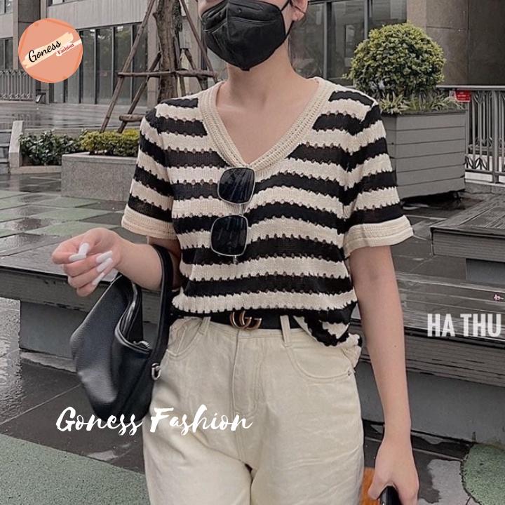 Áo len nữ Goness chất vải dệt kim ngắn tay họa tiết kẻ sọc kiểu cổ cardigan phong cách hàn quốc