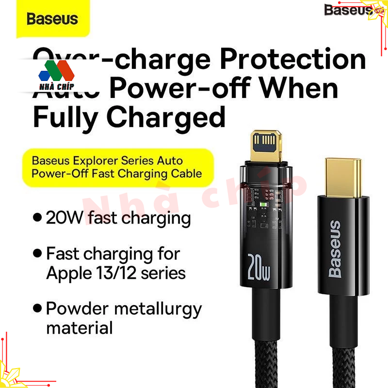 Cáp Sạc nhanh 20W tự ngắt Gen2 có đèn led báo Baseus Explorer Series cho iPhone13,12,11.....8plus/ iPad (Type C to IP Auto Power-Off, PD 20W Fast Charging Data Cable )- Hàng chính hãng