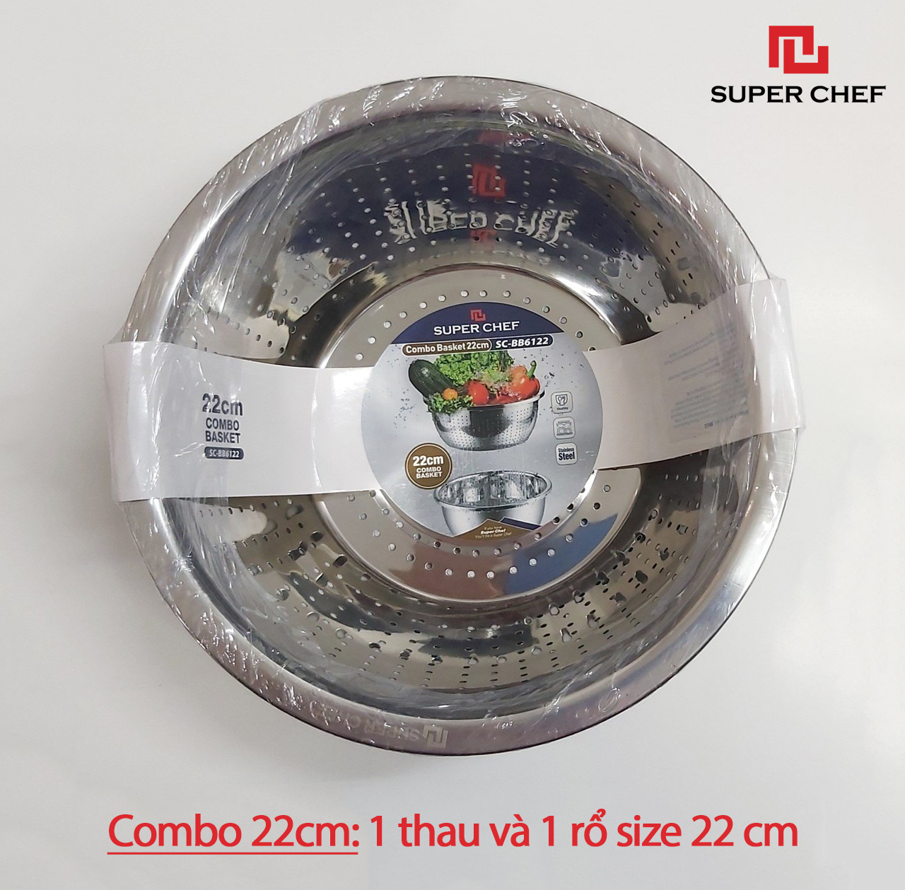 Combo Thau Và Rổ Inox 304 Super Chef Dày, Cao Cấp Sáng Bóng, Không Gỉ Sét, Hoen Ố Và Siêu Bền Bỉ, Sang Trọng