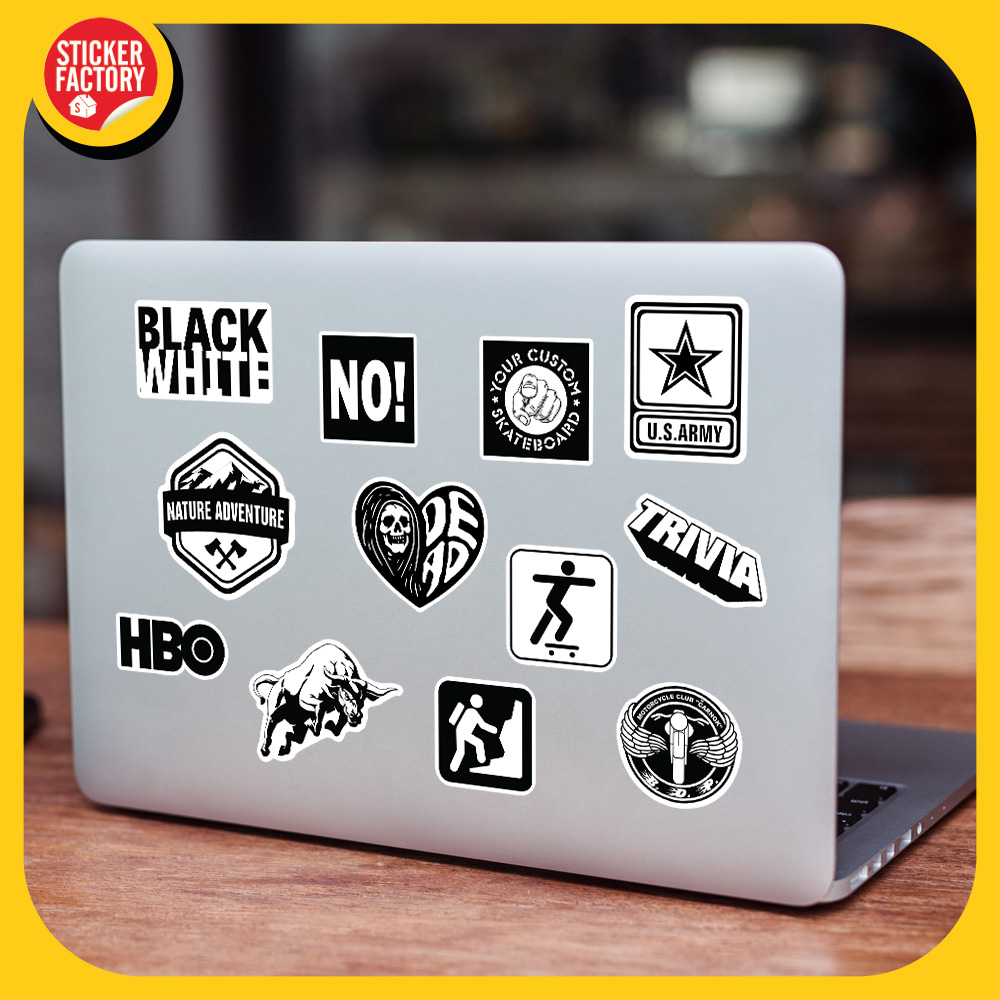 Black White - Set 100 sticker decal hình dán nón bảo hiểm, laptop, xe máy, ô tô - STICKER FACTORY