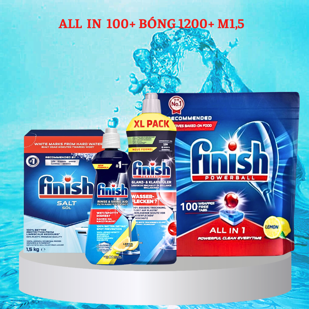 Nước Làm Bóng Finish 1150Ml100 Viên Rửa Bát Finish All In 1Muối Rửa Bát Finish 1.5Kg