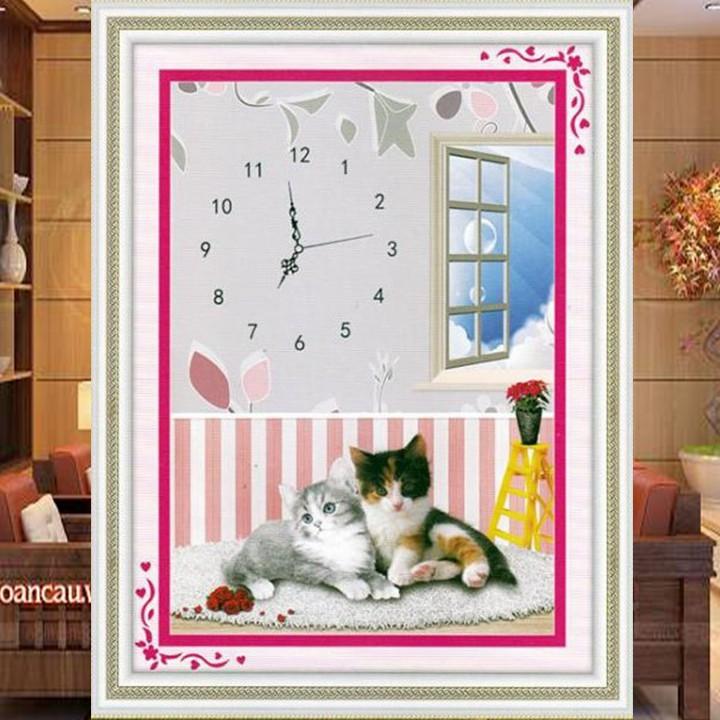 Tranh thêu hai chú mèo đồng hồ A994 - kích thước: 37 * 48cm.