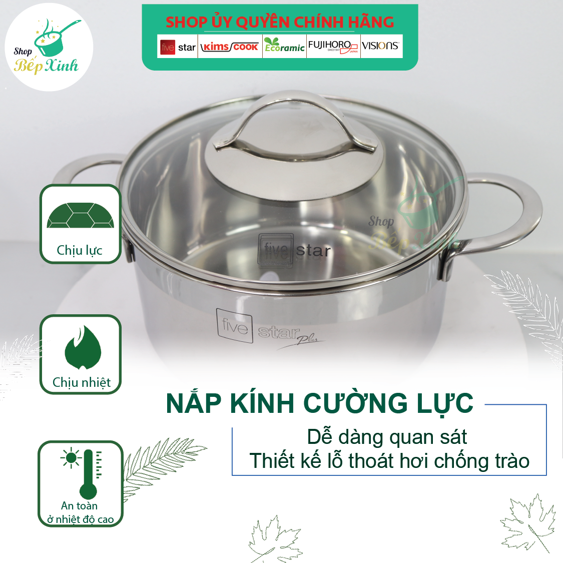 Bộ nồi và chảo chống dính vân đá 3 lớp đáy liền inox 304 cao cấp Fivestar Plus 5 món quai oval nắp kính , tặng 1 sạn inox