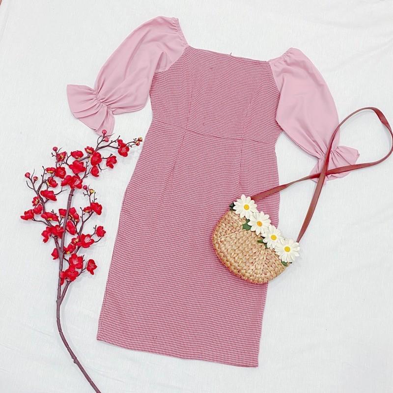Đầm Suông Dài Hồng Caro Phối
