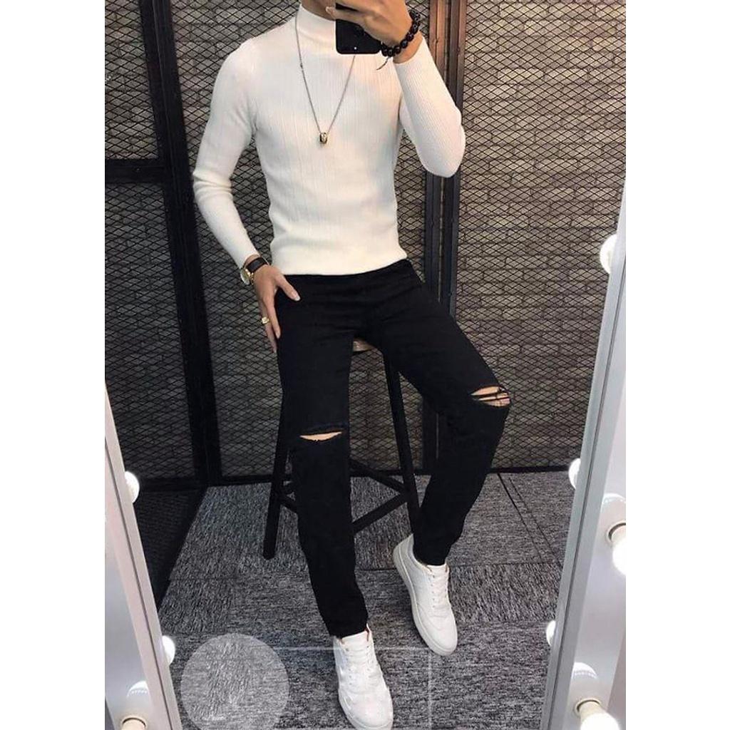 Quần Jean Nam Rách Gối Màu Đen Trơn