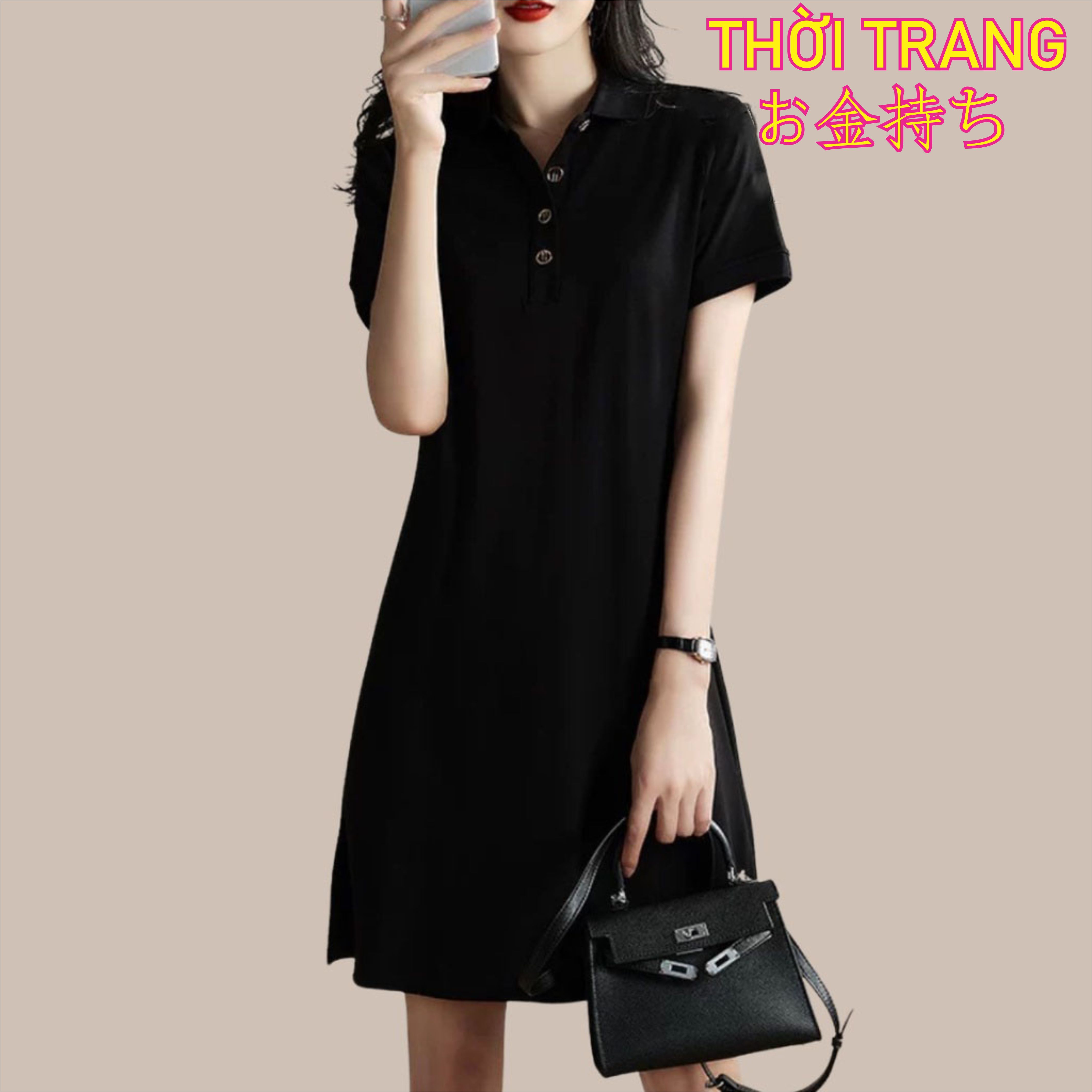 ĐẦM TRƠN ĐEN BASIC DÁNG XÒE CHỮ A CỔ POLO CÓ BIGSIZE 594 CÁ TÍNH THOẢI MÁI