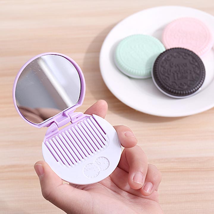 Bộ gương lược bỏ túi mini hình chiếc bánh cookie - màu nâu sẫm  BGL12