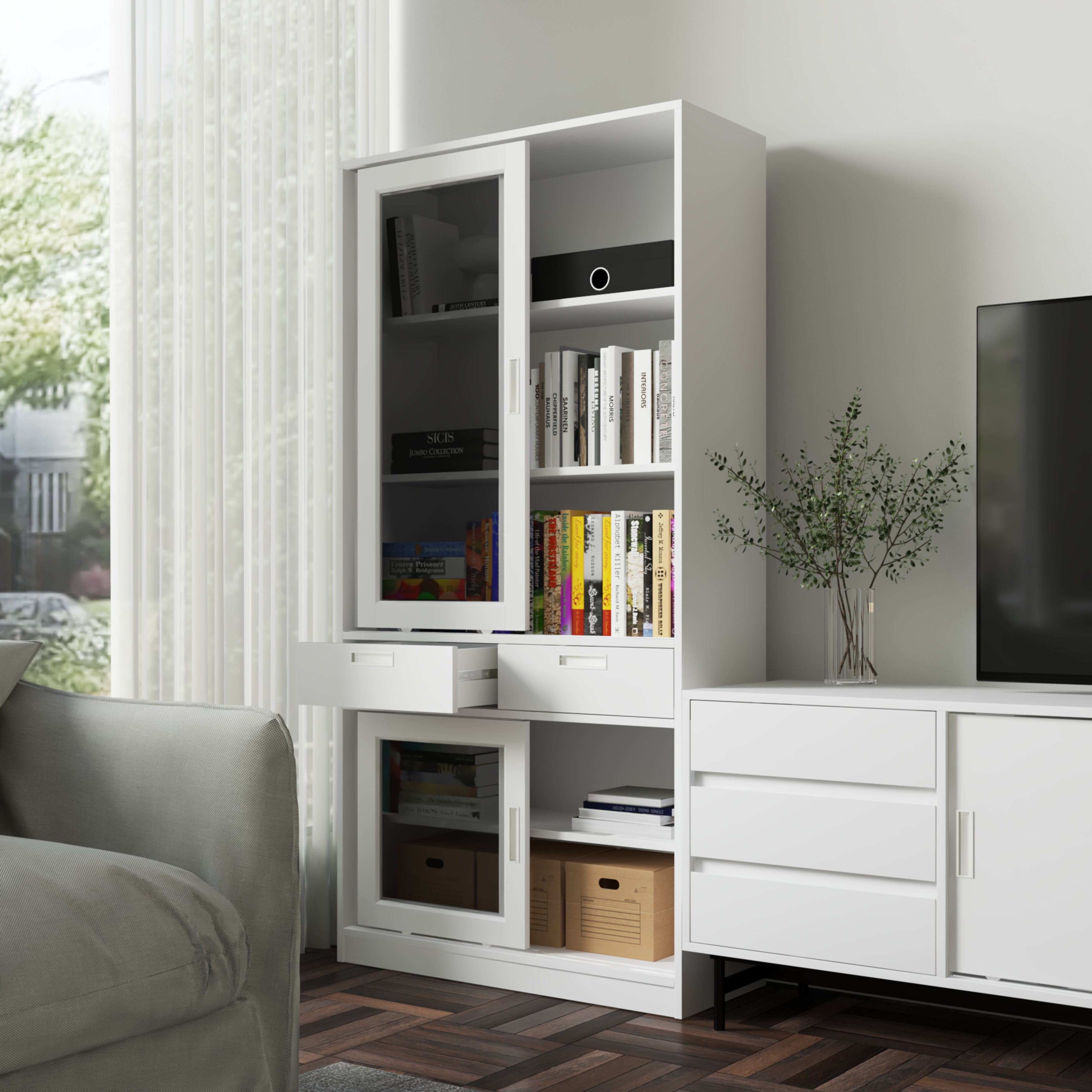 [Happy Home Furniture] LUCA, Tủ sách 2 ngăn kéo - 4 cánh lùa, 90cm x 35cm x 180cm ( DxRxC), TCL_011