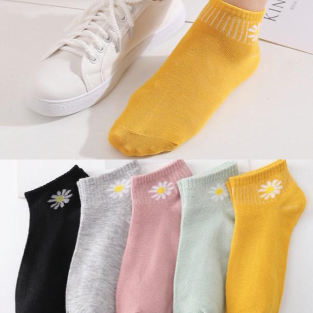 Tất Vớ Trơn Cổ Ngắn Ulzzang Unisex Thêu Hoa Cúc- túi 10 đôi