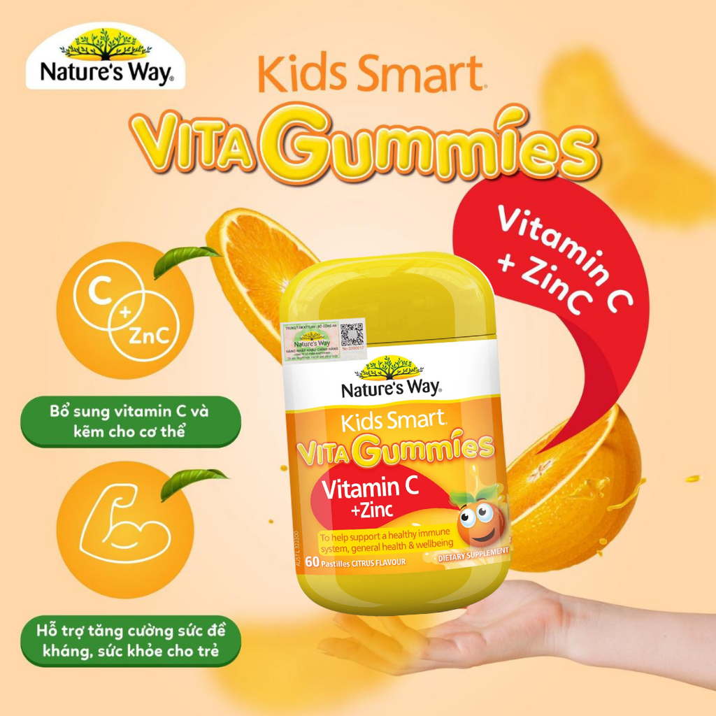 Kẹo Dẻo Kids Smart Vita Gummies Vitamin C + ZinC - Bổ Sung Kẽm &amp; Vitamin C, Hỗ Trợ Tăng Đề Kháng (Chai 60 Viên)