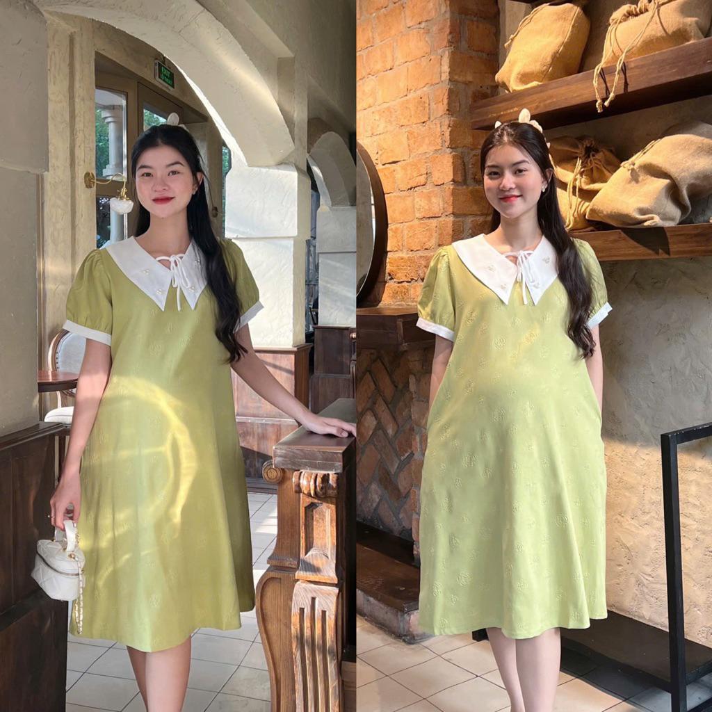 Đầm bầu xước pháp dập bông cổ đính cườm đính nơ sang trọng, thanh lịch váy cho mẹ Váy Bầu Sandal - Xanh bơ