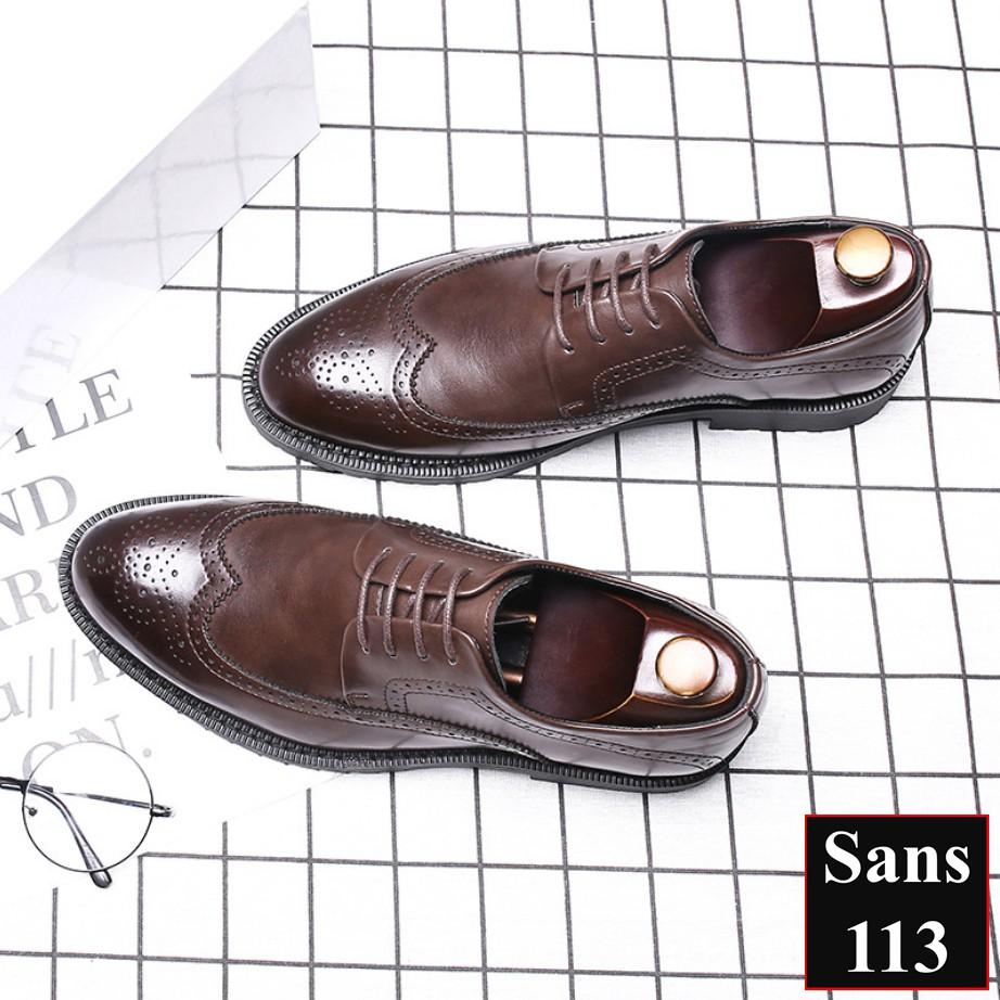 Giày oxford nam da bò thật cao cấp Sans113 giầy tây công sở đen mũi tròn âu buộc dây chú rể cưới brogue derby wingtip