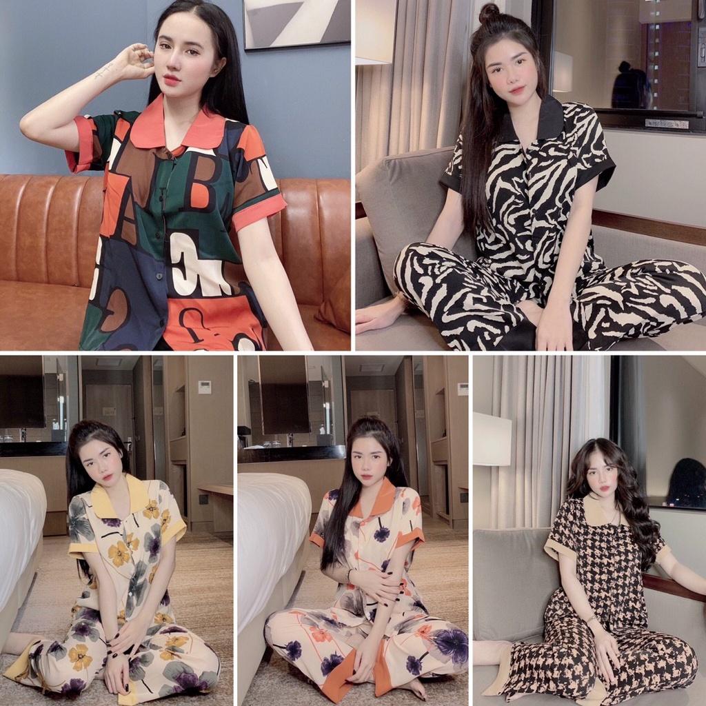 Bộ Pijama lụa Mango mặc nhà cộc tay quần dài cao cấp