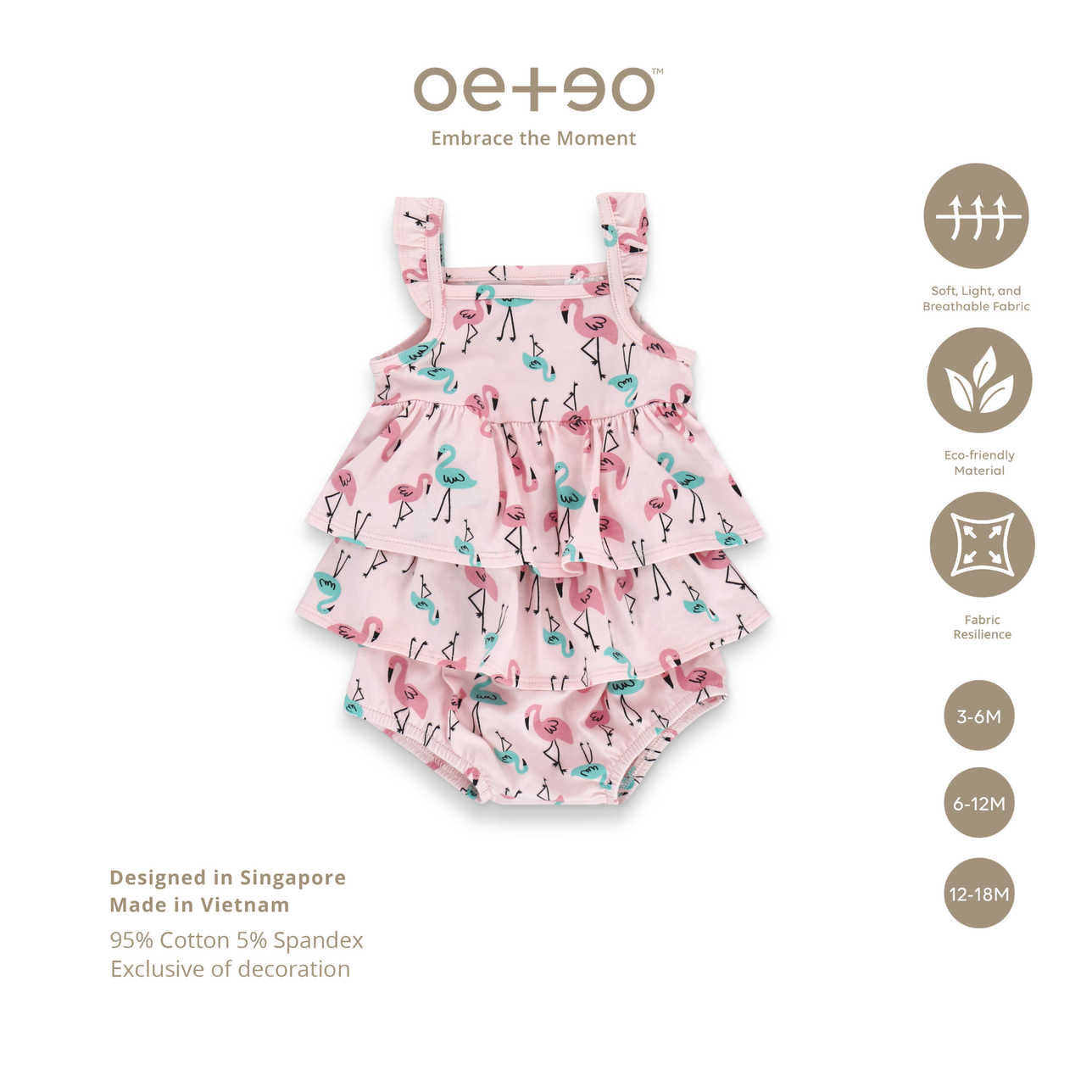 Bộ liền thân kiểu váy tầng cộc tay bé gái 3 - 18 tháng vải cotton in họa tiết hồng hạc TEZY-1627 | OETEO Tropical Land