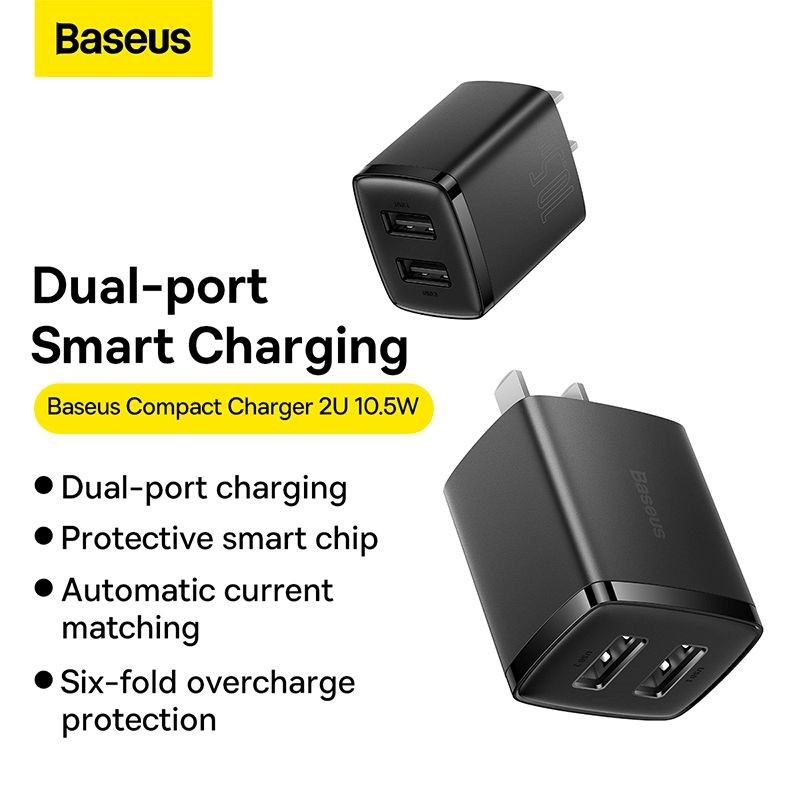 Cóc củ sạc adapter sạc nhanh 10.5W đa năng 2 cổng USB A hiệu Baseus Compact Charger trang bị chip sạc thông minh,  công nghệ tản nhiệt BCT, chân cắm US-UK - hàng nhập khẩu