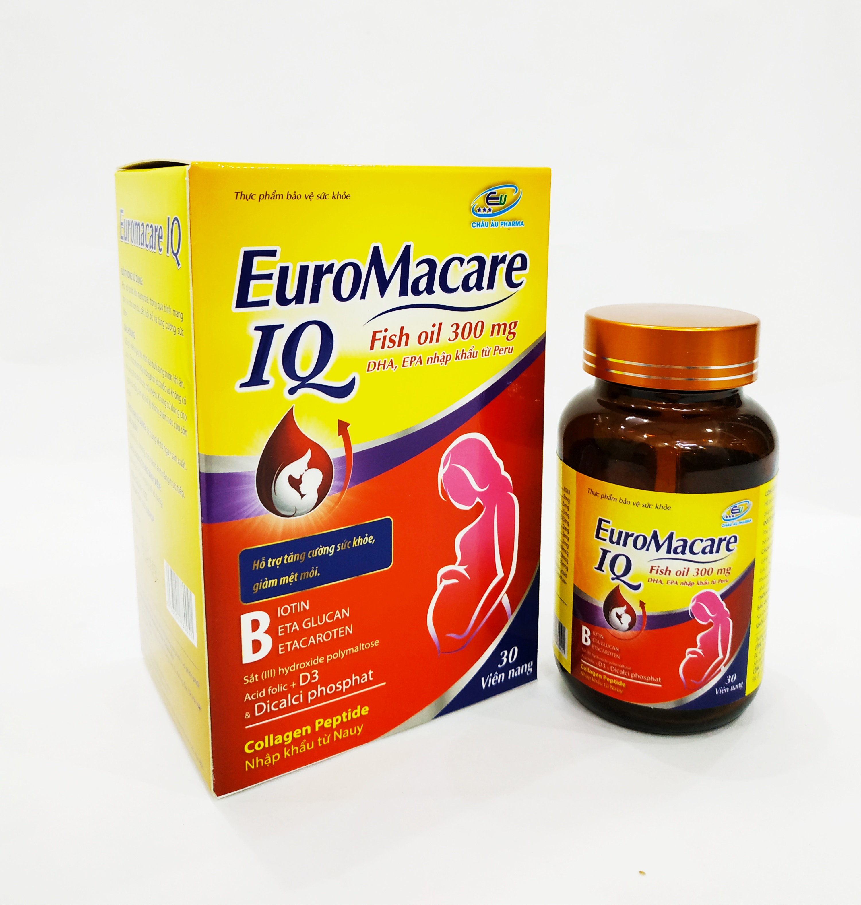 VIÊN UỐNG BỔ MÁU EUROMACARE IQ - BỔ SUNG SẮT TỔNG HỢP, DẦU CÁ, CÁC VITAMIN, EPA, DHA CHO PHỤ NỮ CÓ THAI VÀ CHO CON BÚ - GIẢM NGUY CƠ SẨY THAI , TIỀN SẢN GIẬT - KHỎI LO ỐM NGHÉN - MỖI NGÀY 1 VIÊN - LỌ 30 VIÊN