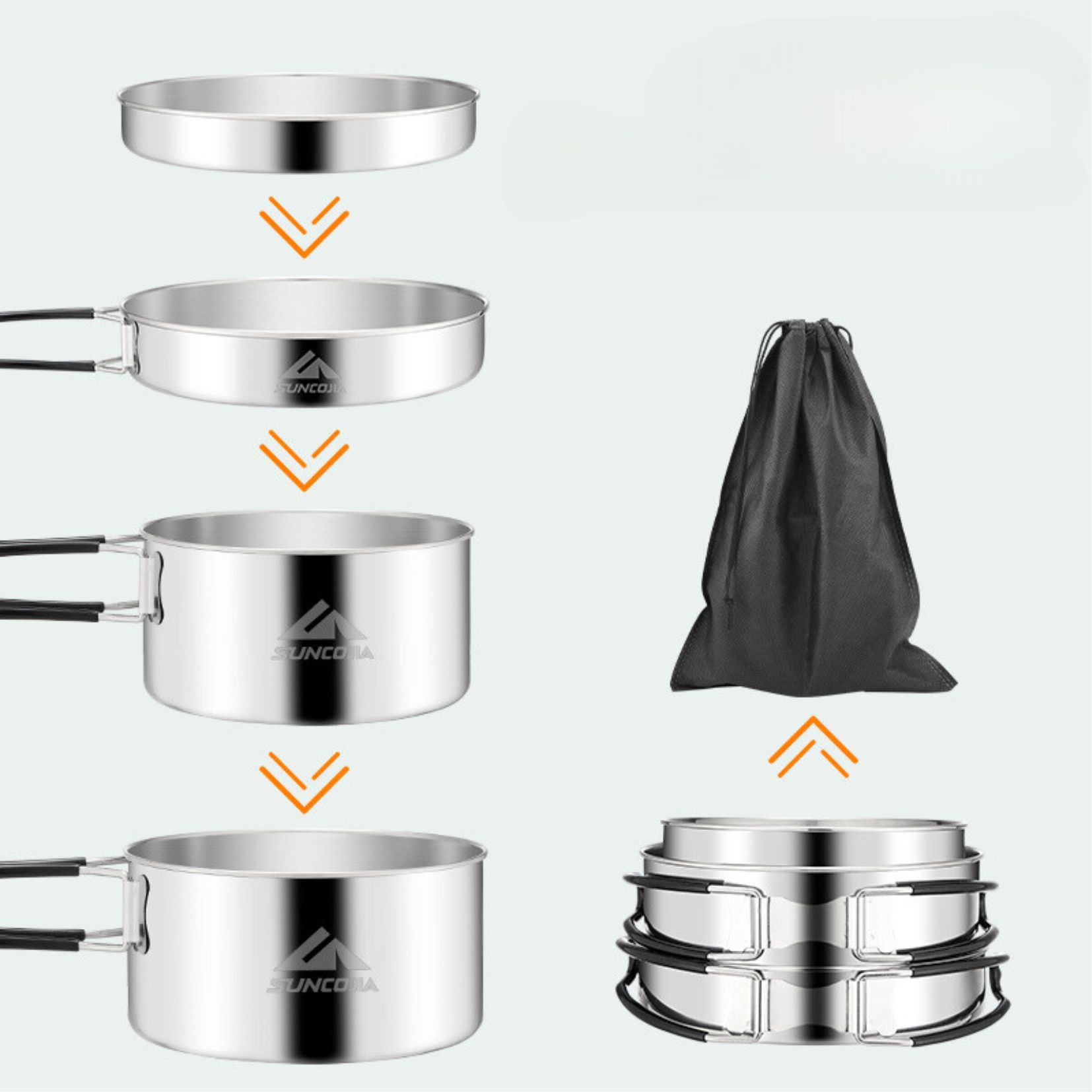 Bộ nồi gấp gọn dã ngoại Inox 304 Suncojia, bộ nồi cắm trại camping an toàn dễ mang theo