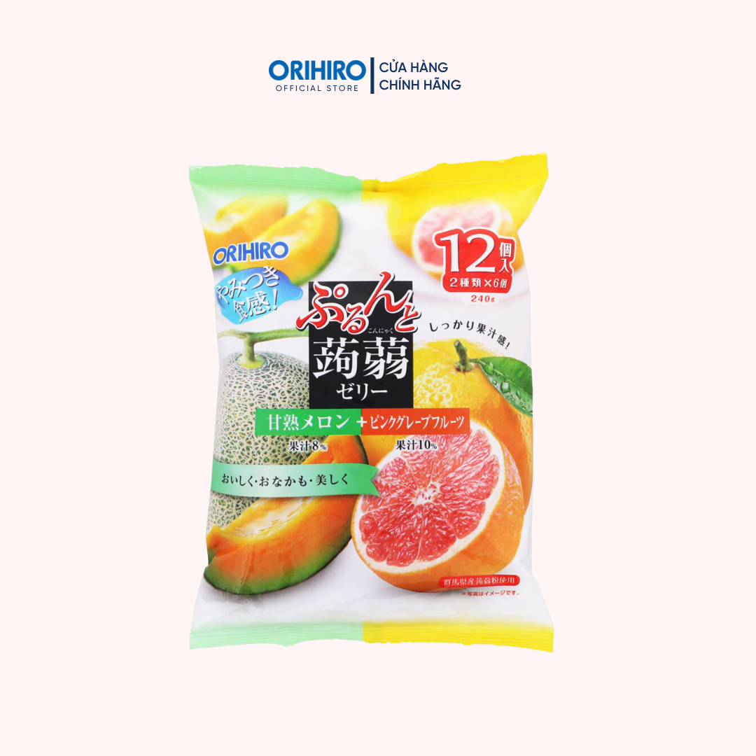Thạch trái cây Orihiro - gói lớn 12 cái vị dưa lưới và bưởi hồng