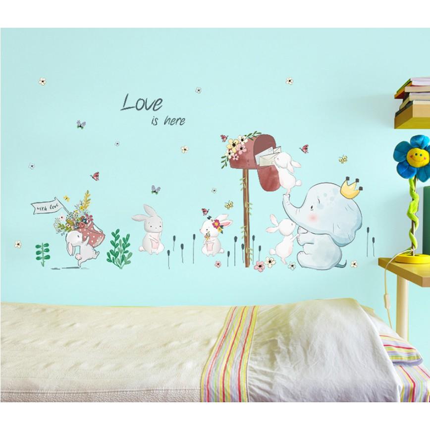 Decal trang trí tường - Khu Vườn Thỏ Trắng Voi xanh màu nhạt