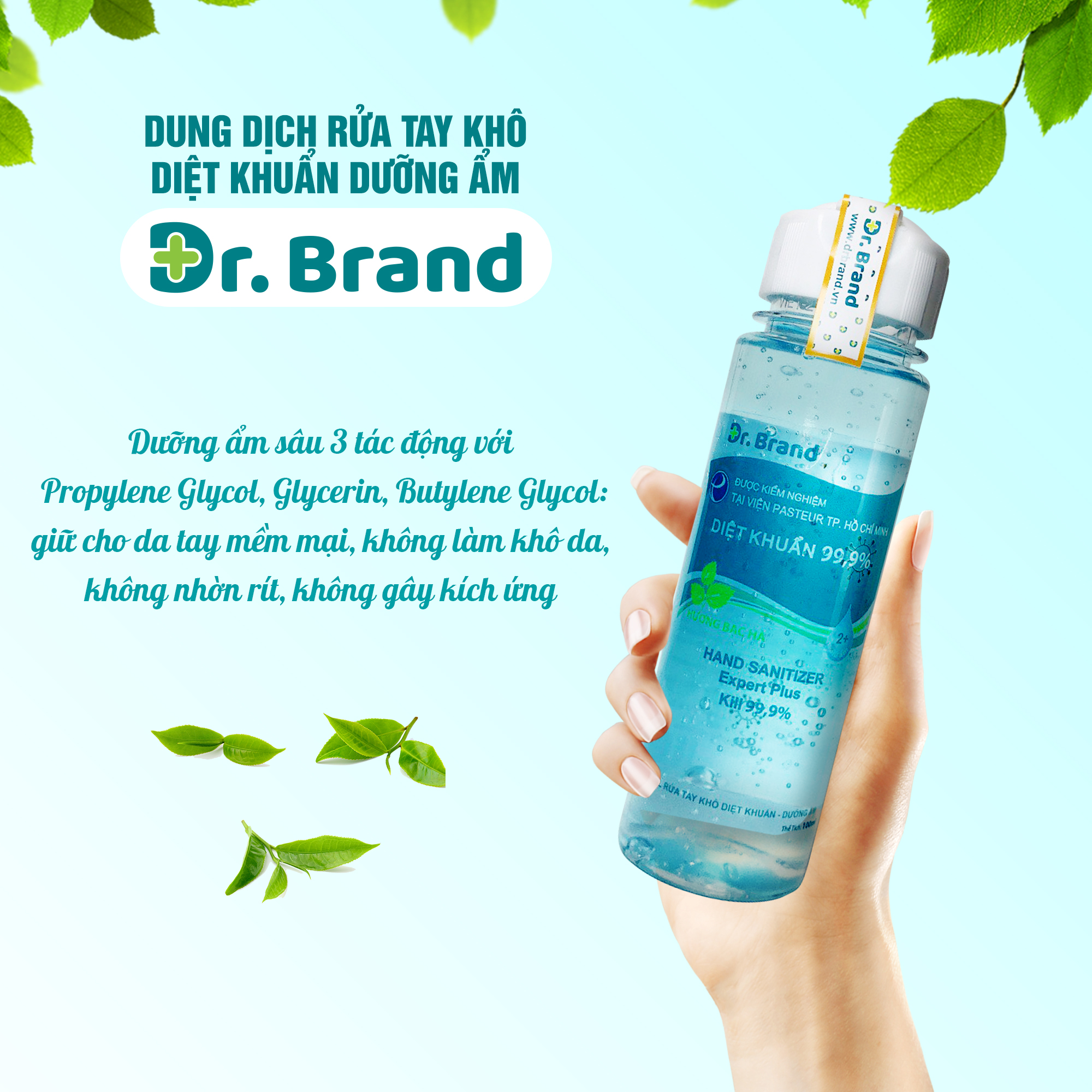 Nước rửa tay khô diệt khuẩn, ngăn ngừa virus chuyên dùng cho nhân viên y tế, được kiểm nghiệm tại viện Pasteur Tp.Hồ Chí Minh – Dr.Brand – HƯƠNG BẠC HÀ