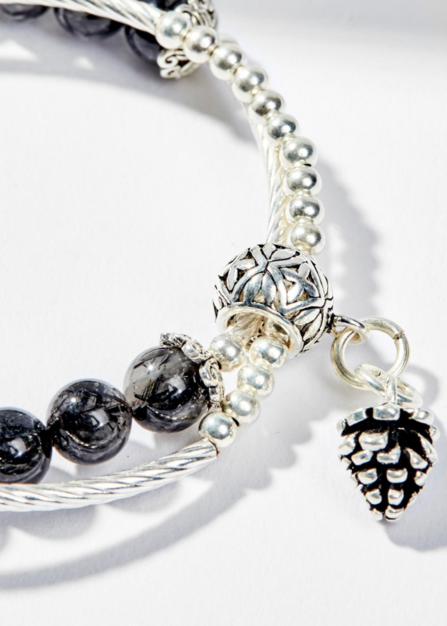 Vòng Tay Phong Thủy 2 Line Đá Thạch Anh Tóc Đen Phối Charm Trái Thông  mệnh Thủy, Mộc Ngọc Quý Gemstones