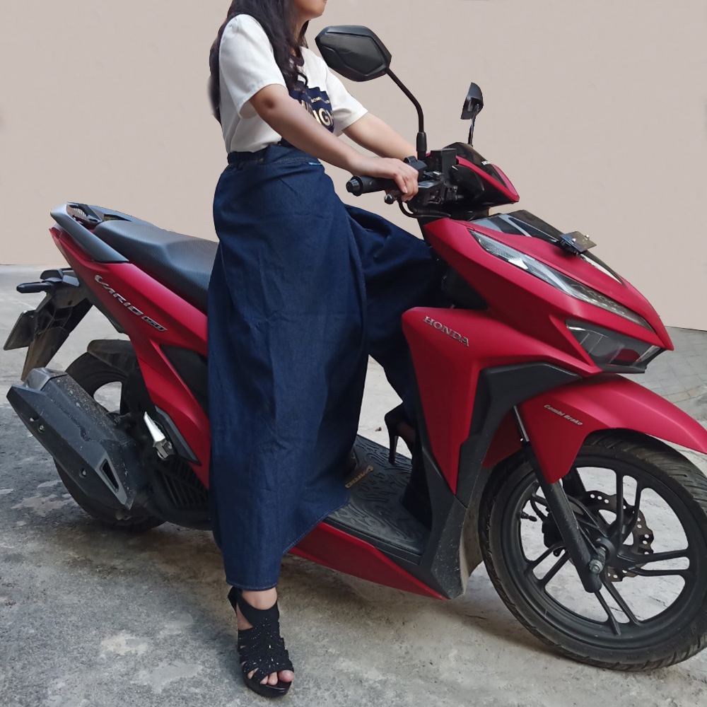 Quần Váy Chống Nắng Thông Minh Chất Liệu Jean Mềm Phù Hợp Với Xe Số, Khi Ngồi Sau Có Thêu Họa Tiết Hoa Thạch Thảo Xanh