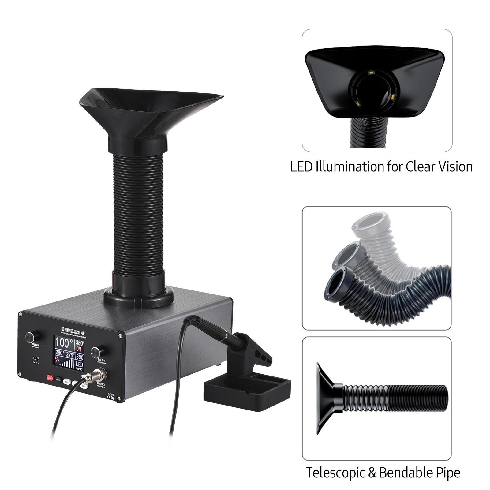 150W Thermostatic Soldering Station Kit Fume Extractor Filter Electric Digital Soldering Iron with 0-450℃ Quick Heating Telescopic Smoke Exhaust Pipe LED Light USB Output for PCB Electronics Repair