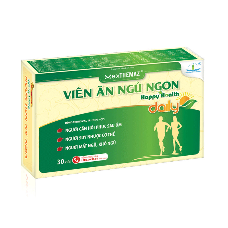 VIÊN ĂN NGỦ NGON HAPPY HEALTH DAILY Hỗ Trợ Ăn Ngon, Ngủ Ngon, Ngủ Sâu, Giảm Mệt Mỏi, Căng Thẳng, Bồi Bổ Cơ Thể, Nâng Cao Thể Trạng.