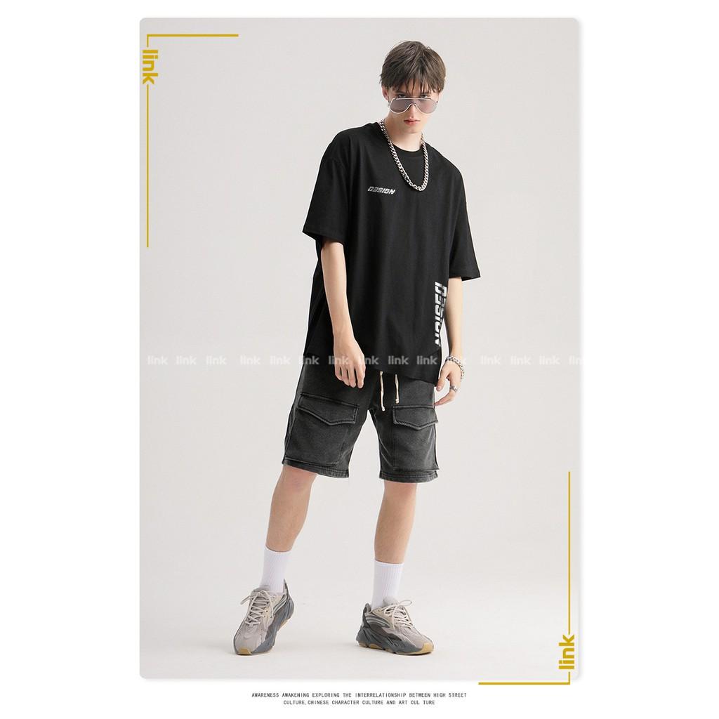 Áo phông tay lỡ DESIGN đen phong cách sport unisex