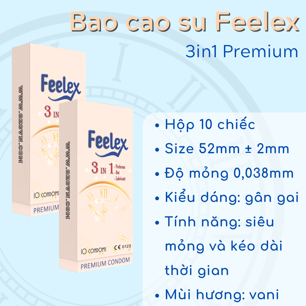 Bao cao su Feelex 3in1 gân gai, nhiều gel bôi trơn, kéo dài thời gian quan hệ, nhiều mùi hương, hộp 10 bcs