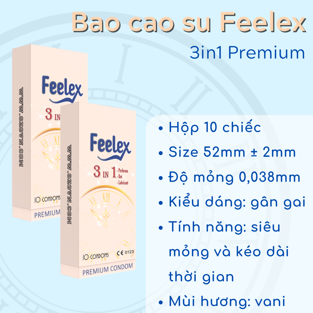 Bao cao su OZO Feelex 3in1 gân gai, nhiều gel bôi trơn, kéo dài thời gian quan hệ