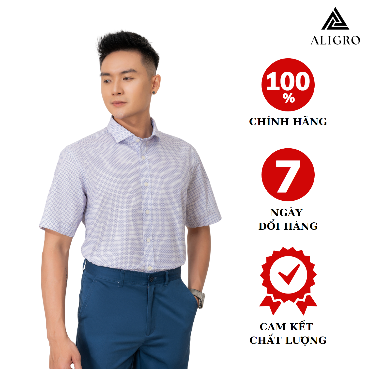 Áo sơ mi nam công sở họa tiết nhỏ cộc tay Custom Fit mã ALGS-C84