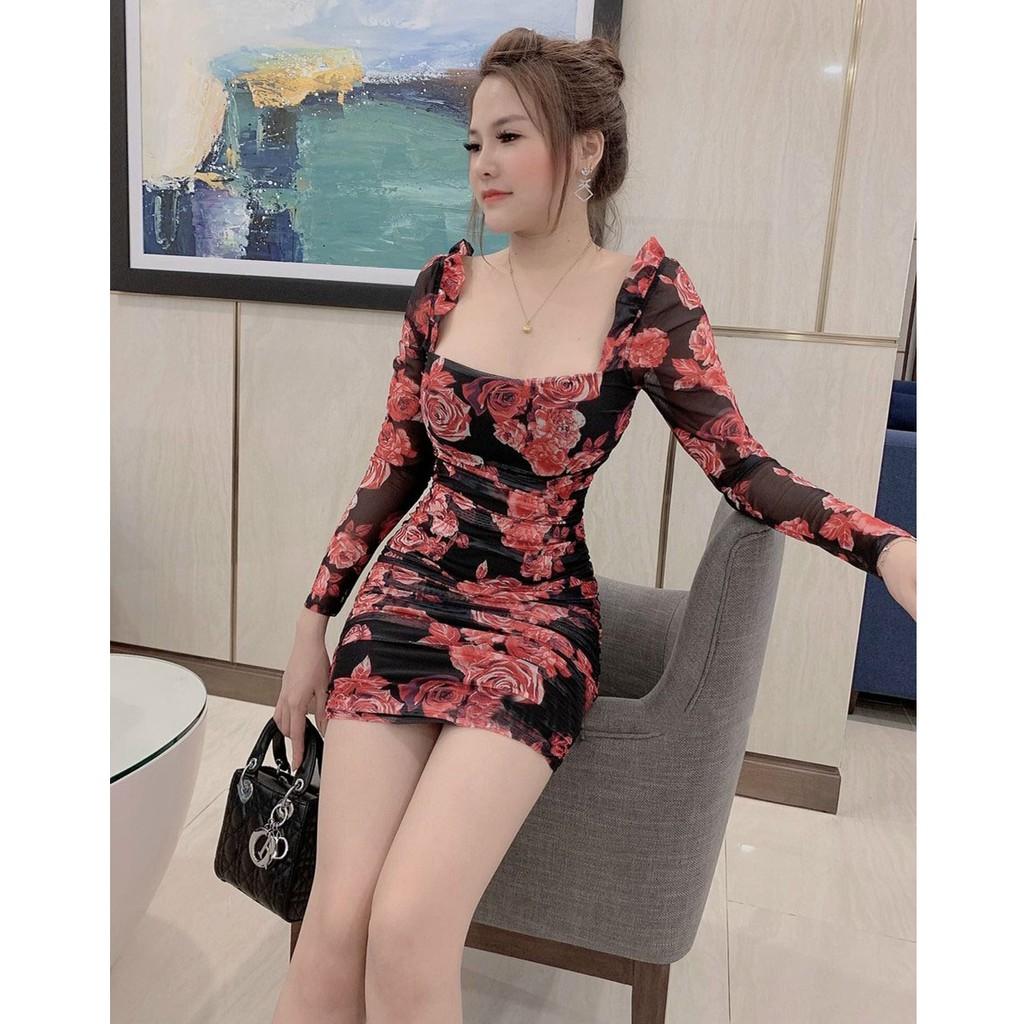 Váy Đầm Ôm Body Tay Dài Hở Lưng ,Họa Tiết Hoa Hồng Qúy Phái Thời Trang  - Winchois