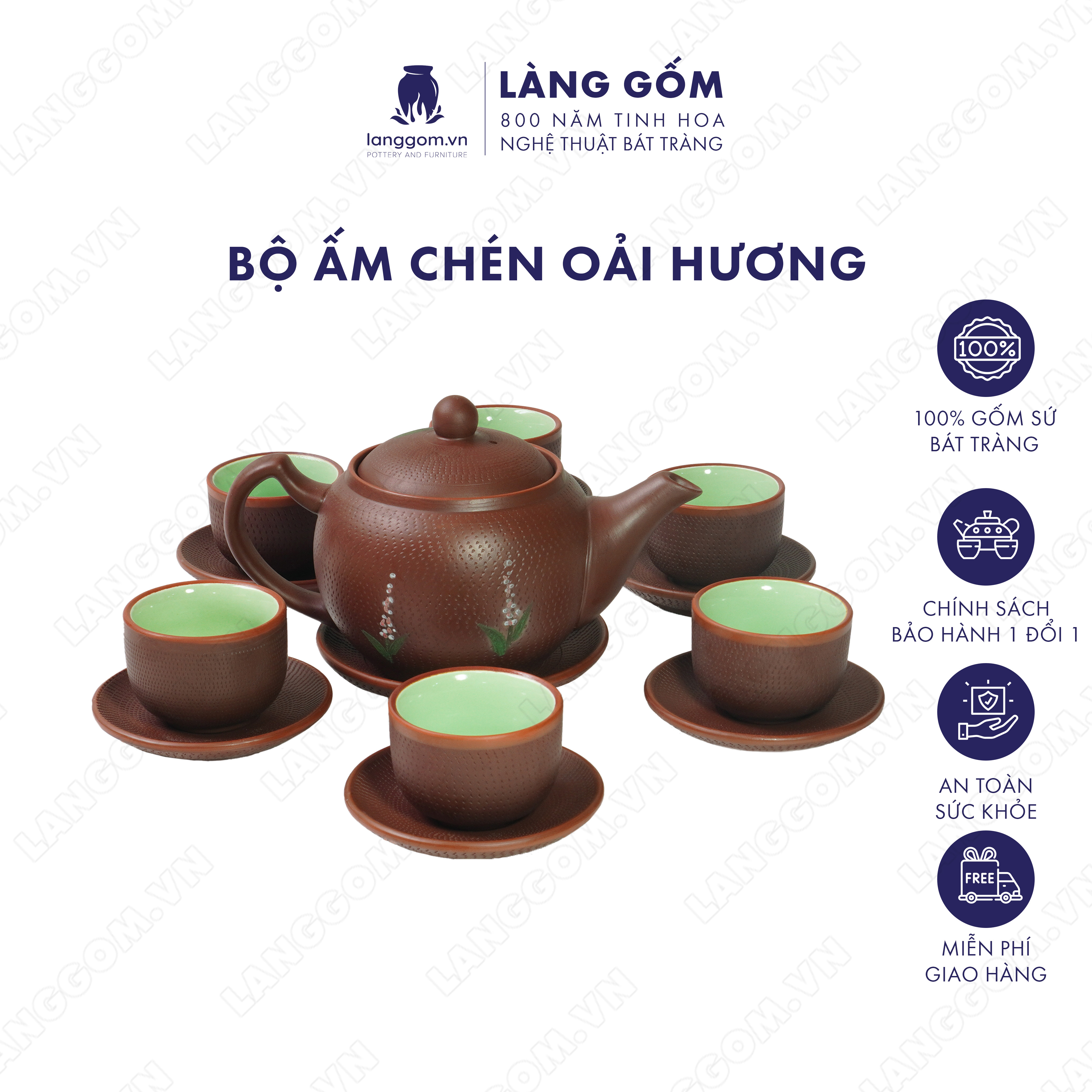 Bộ ấm chén đất nung hoa oải hương - Men mộc - Gốm sứ Bát Tràng - langgom.vn