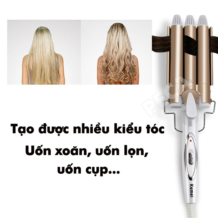 Máy uốn tóc 3 trục Kemei KM-1010 điều chỉnh 2 mức nhiệt độ chuyên dụng làm tóc xoăn gợn sóng, uốn tóc uốn sóng nước bồng bềnh tiện lợi Tặng kèm lược chải tóc rối massage ( Giao màu ngẫu nhiên )