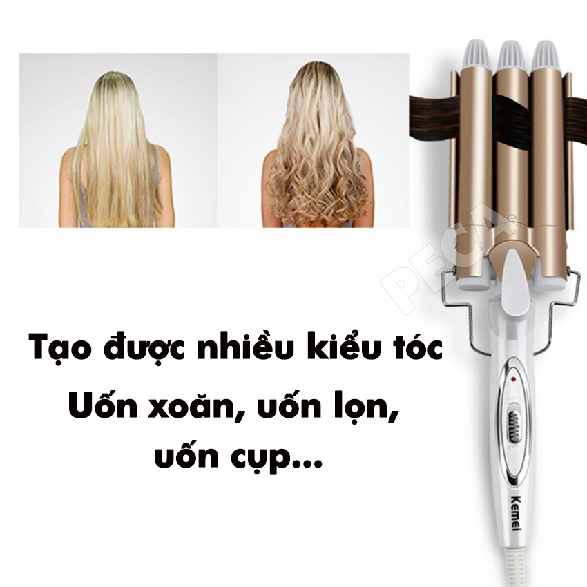 Máy uốn tóc 3 trục Kemei KM-1010 điều chỉnh 2 mức nhiệt độ chuyên dụng làm tóc xoăn gợn sóng, uốn tóc uốn sóng nước bồng bềnh tiện lợi