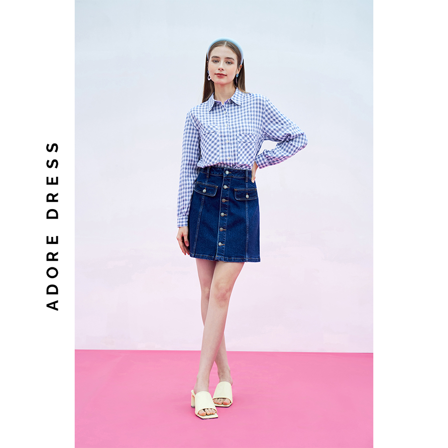 Chân váy mini skirts denim xanh chàm khuy thân trước 313SK1003 ADORE DRESS