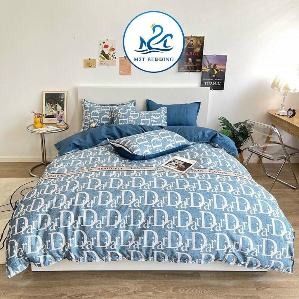 Bộ chăn ga gối Cotton poly M2T bedding gồm vỏ chăn mền, drap ga giường và 2 vỏ gối họa tiết chữ D xanh
