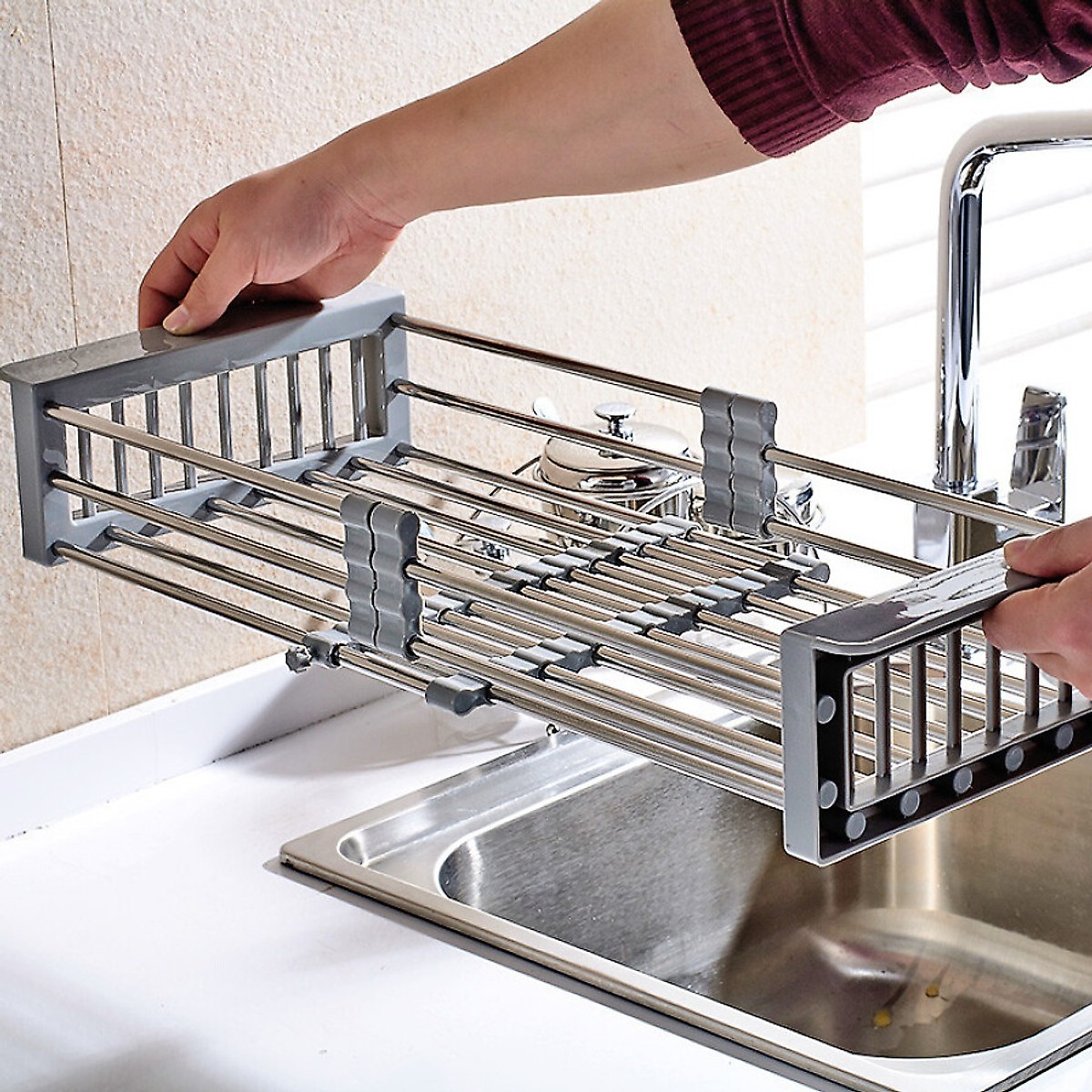 Combo chậu rửa chén bát inox GREENENVI kích thước 78x43 hai hố lệch, vòi rửa bát inox nóng lạnh Lò xo, rá inox, bình xà phòng, bộ xả chậu