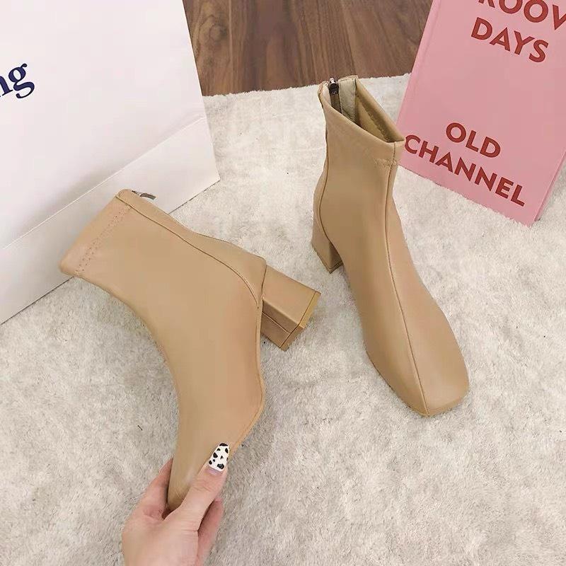 Giày bốt nữ cổ cao da mềm khóa sau, giày bốt ullzang mũi vuông gót trụ